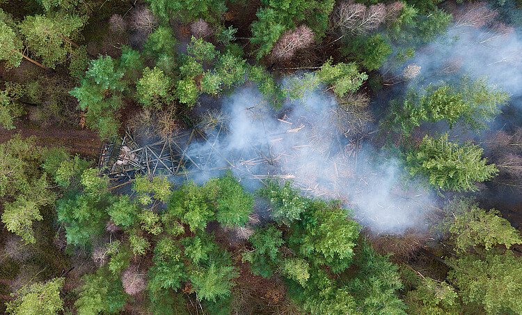 Ein Luftbild zeigt einen mittels eine Sprengung zu Fall gebrachten hölzernen Turm im Wald.